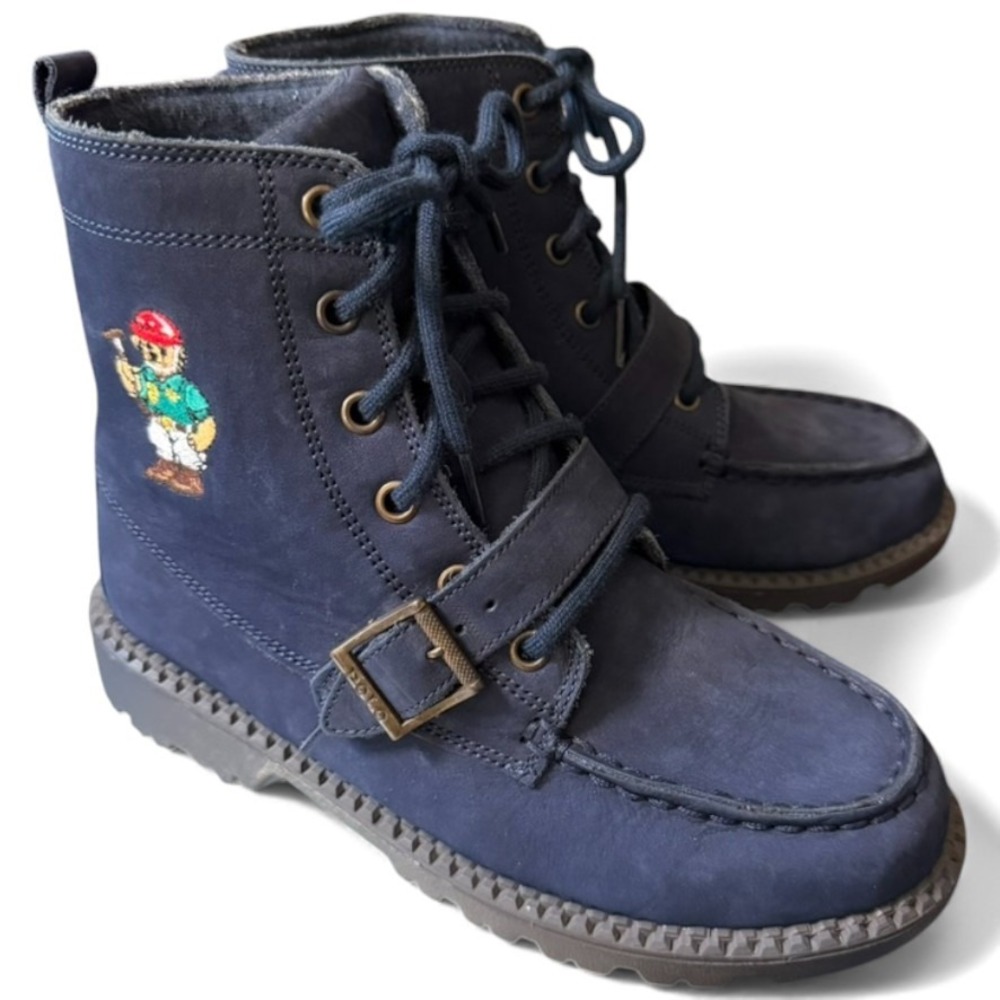 Polo Ralph Lauren Kids Navy Blue Bear Embroidered Lace Up Boots US 3/Euro 35